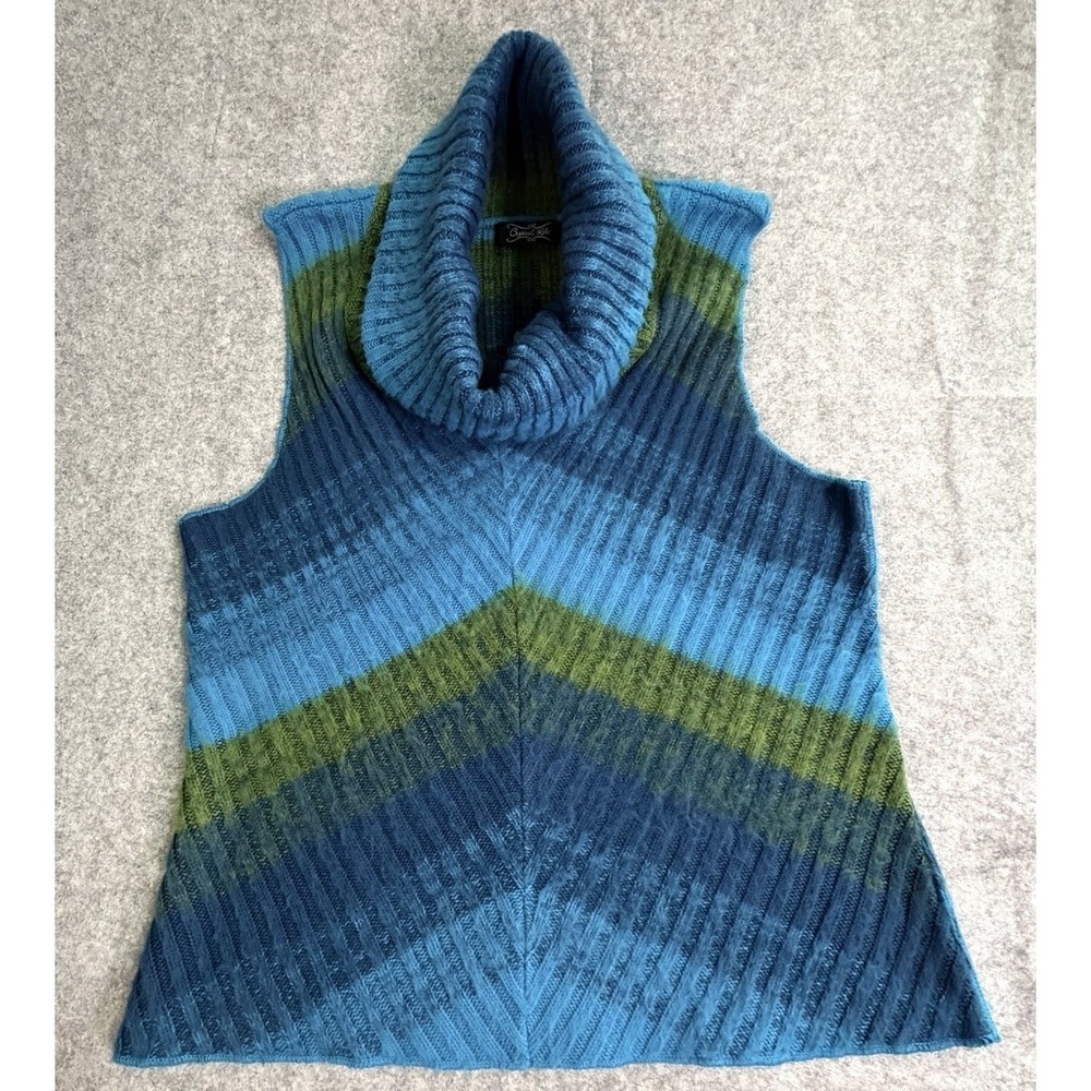 Turtleneck Sleeveless Blue Green Chevron Top Women's XL‎ Cowlneck Chunky Hip
